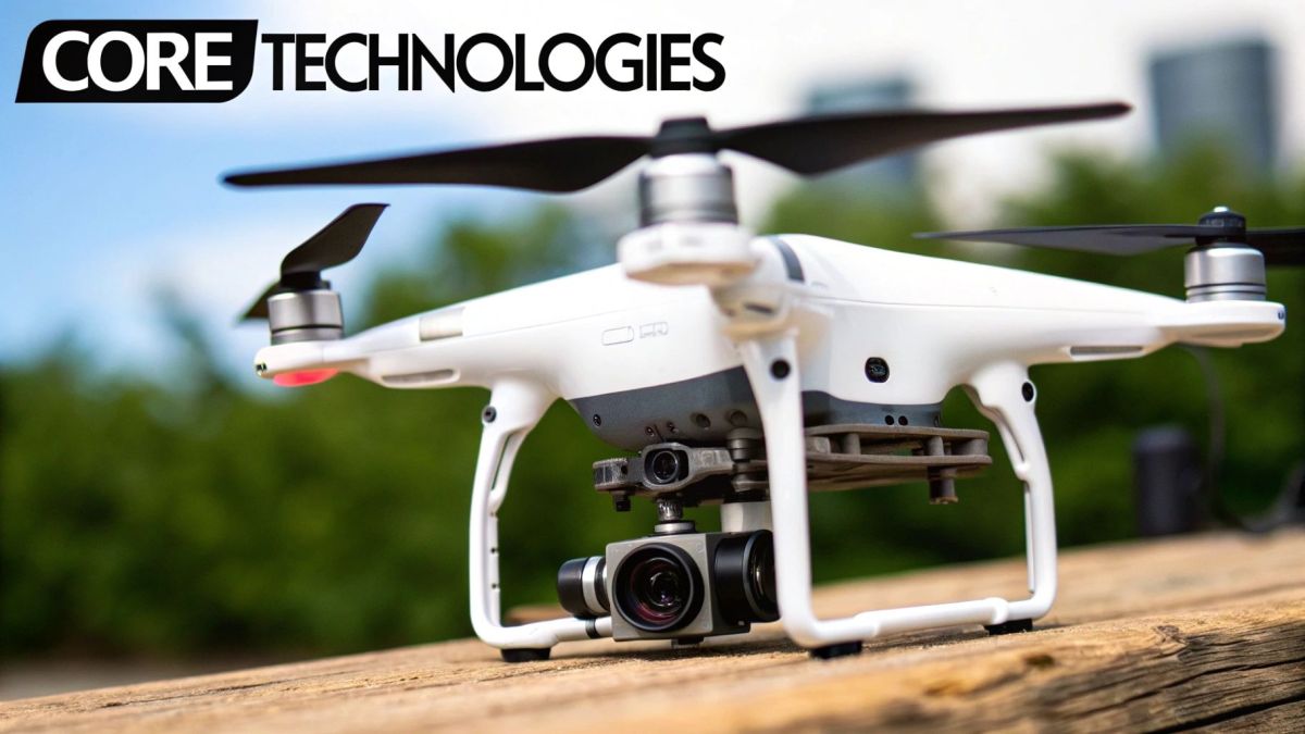 White professional drone with mounted camera on wooden surface, Core Technologies branding visible above