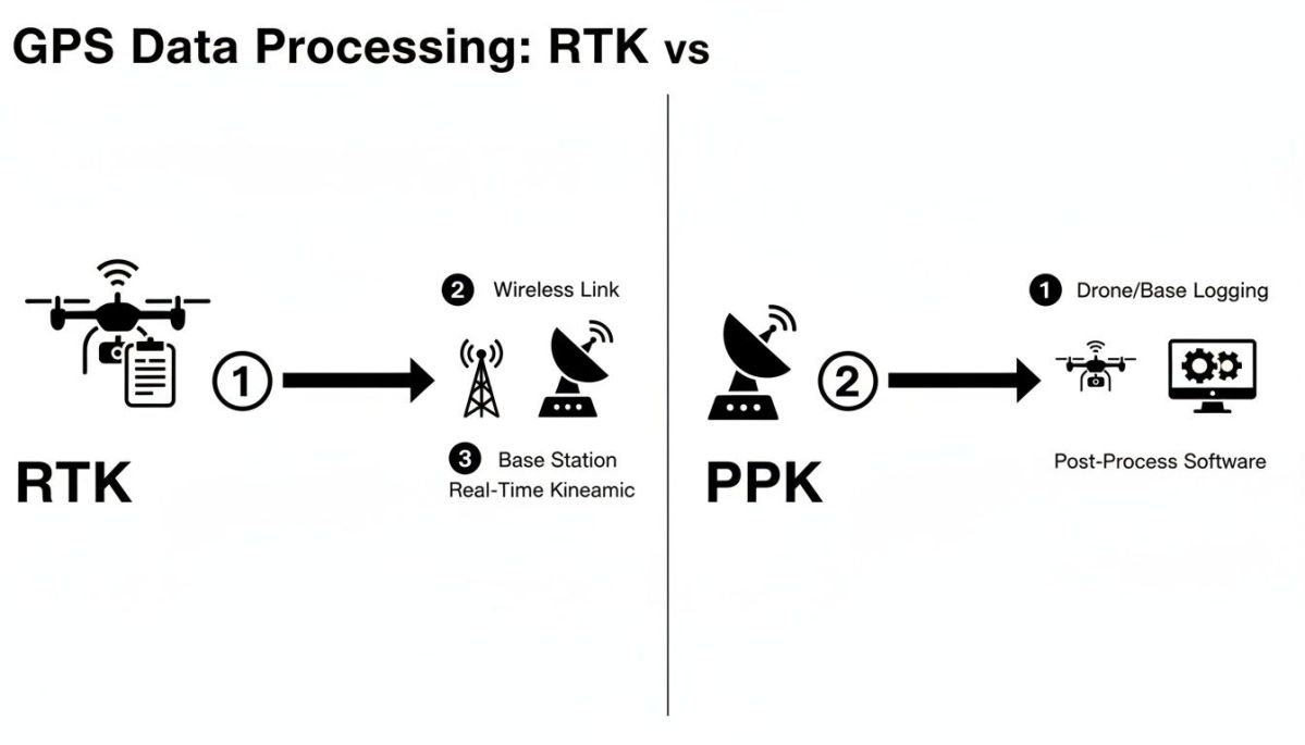 A diagram illustrating the differences between RTK and PPK GPS data processing workflows for drone mapping.