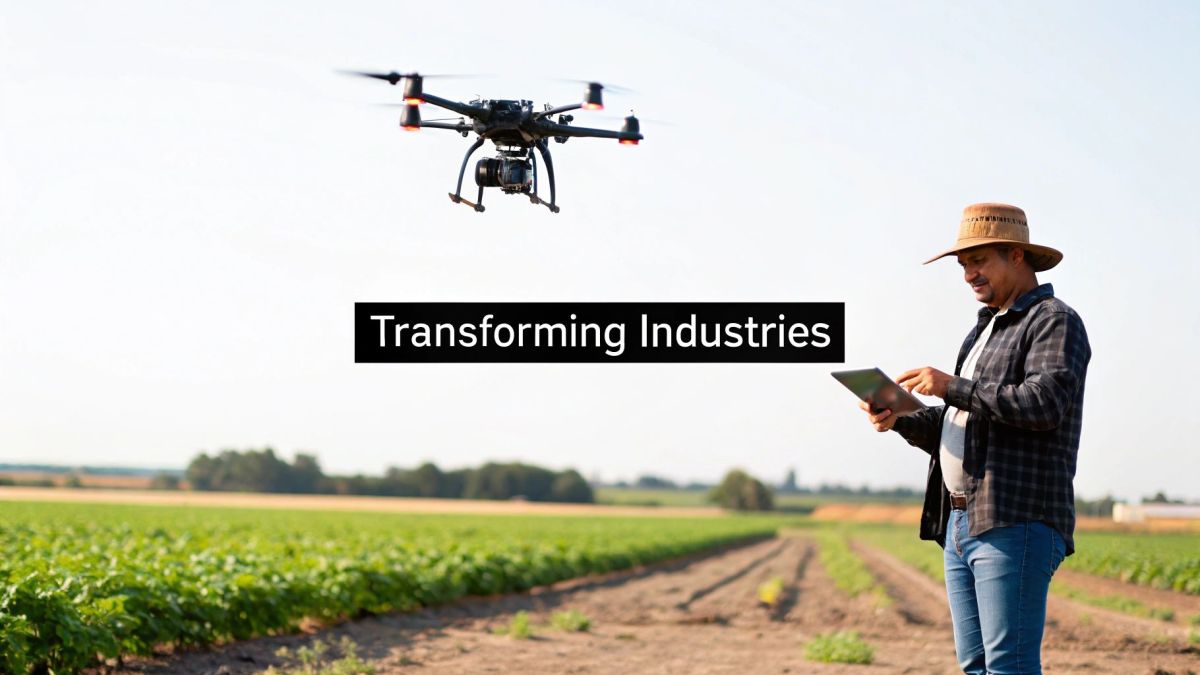 A drone flying over an industrial site, showcasing commercial UAS use