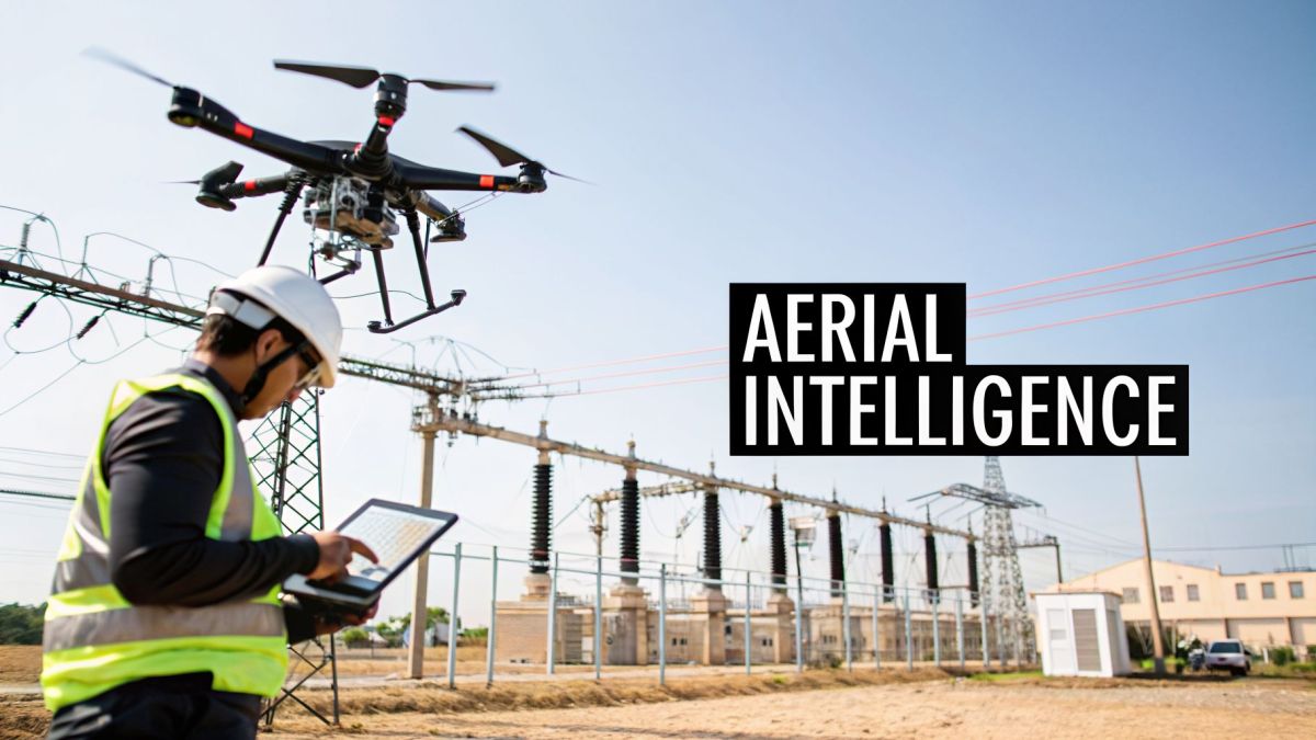 Drone operator conducts aerial surveillance of an electrical substation using a tablet.
