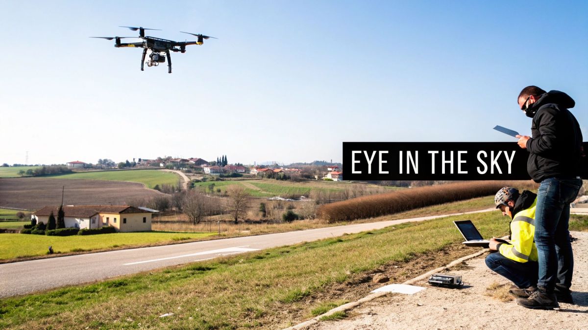 Two men use a laptop and tablet to operate a drone performing an aerial survey over a rural landscape.