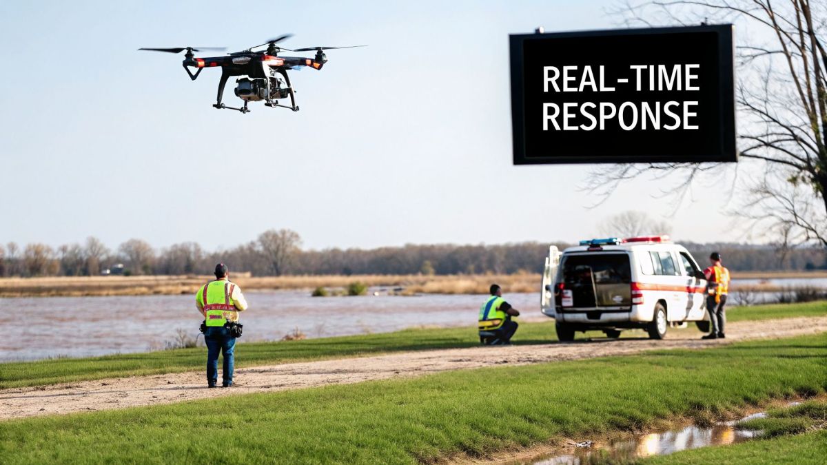 A drone flies over rescue workers and an emergency van near floodwaters, with a 'REAL-TIME RESPONSE' sign.