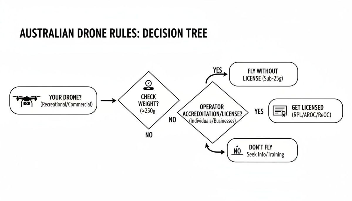 A decision tree flowchart illustrating Australian drone rules for recreational and commercial use, covering weight checks and operator licensing.