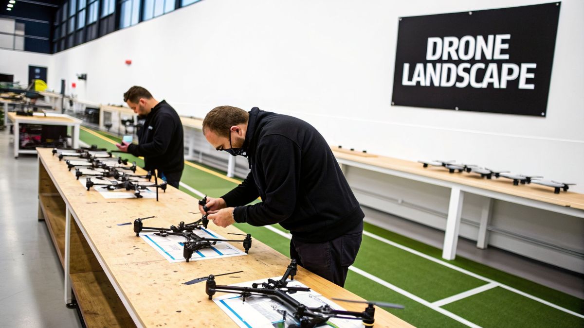 Two men meticulously assemble black drones on long wooden workbenches in a modern manufacturing facility.