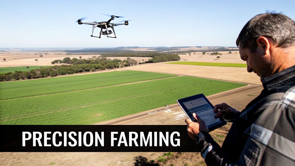 Man controls a drone with a tablet over expansive green fields, demonstrating modern precision farming.