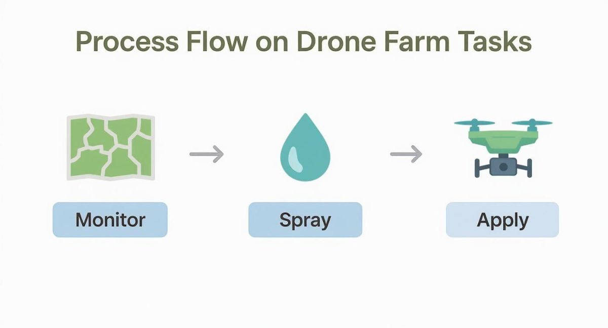 Process flow diagram for drone farm tasks: monitor (map), spray (water droplet), and apply (drone).