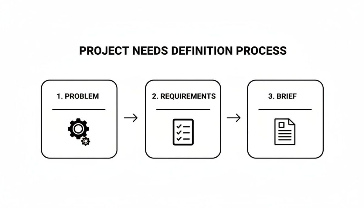 A clear flowchart illustrating the project needs definition process with steps: problem, requirements, and brief.
