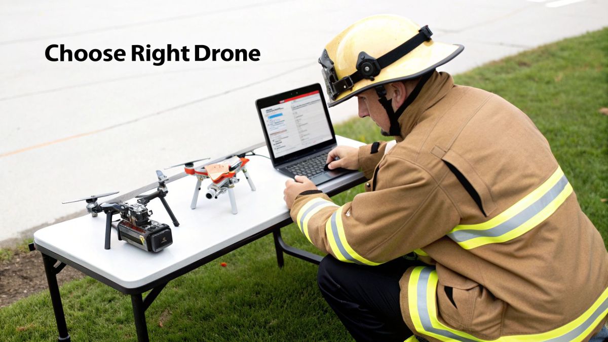 A fire rescue drone being prepared for flight by a firefighter.