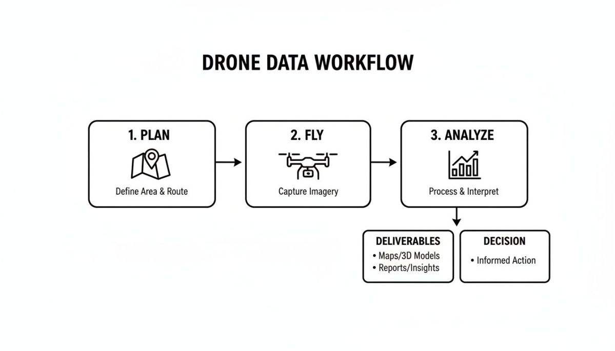 This diagram illustrates the step-by-step drone data workflow, from planning and capture to analysis and informed decisions.
