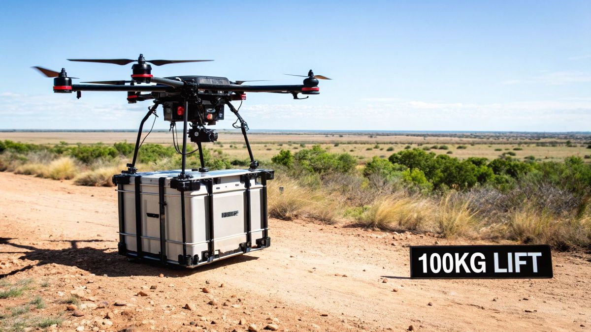 A large heavy-lift drone with multiple propellers hovering in an industrial setting.