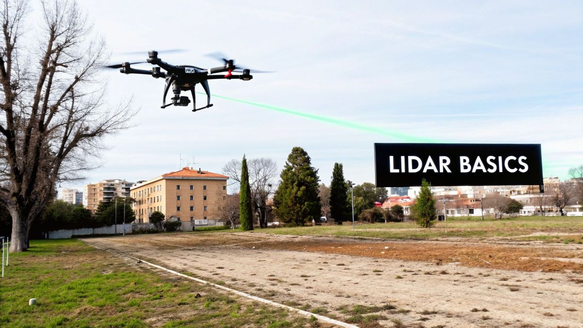 A black drone emits a green laser beam towards a 'LIDAR BASICS' sign over an open field.