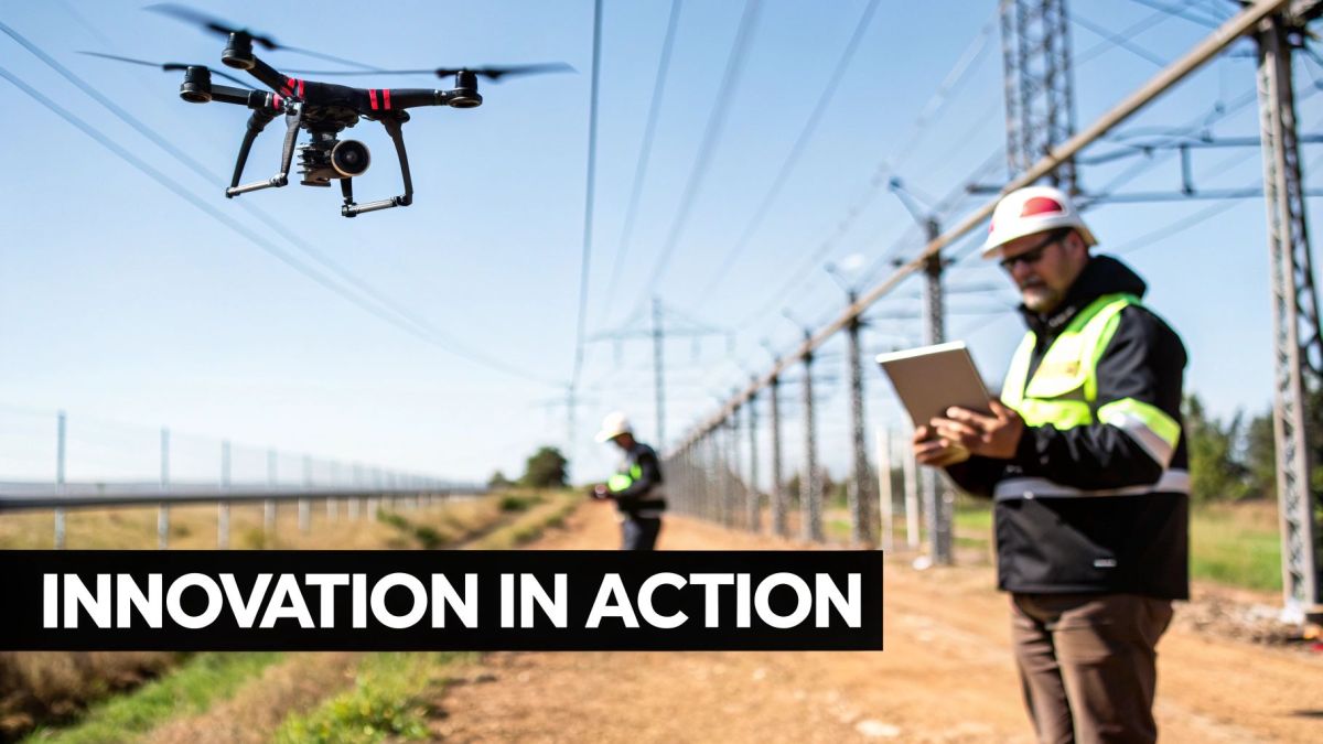 A drone flies near power lines while two engineers inspect equipment, demonstrating innovation in action.