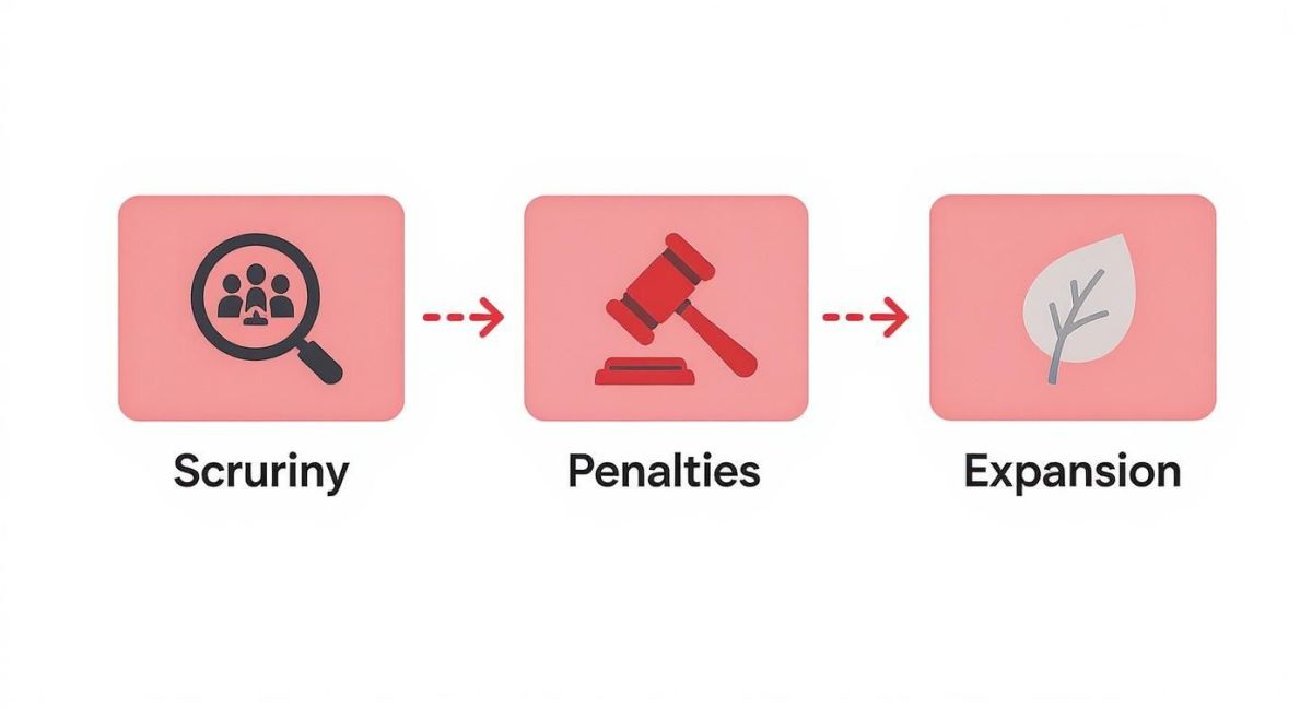 Infographic showing the three-step enforcement flow of Scrutiny, Penalties, and Expansion.