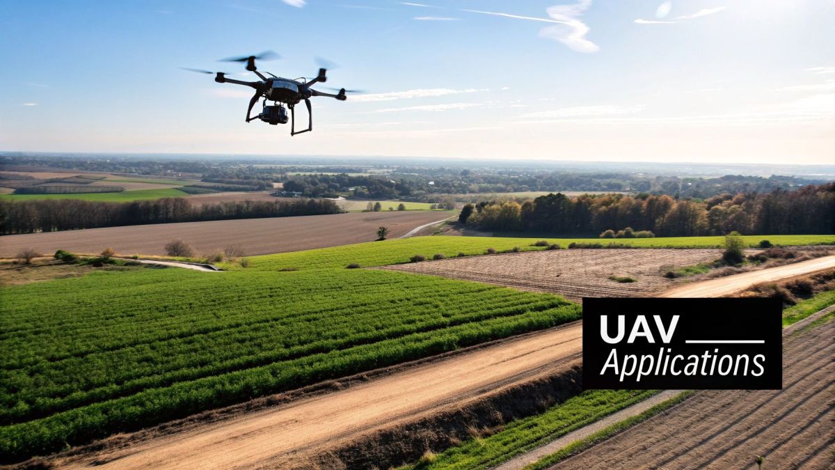 A drone with a high-resolution camera flying over a green agricultural field for mapping purposes.