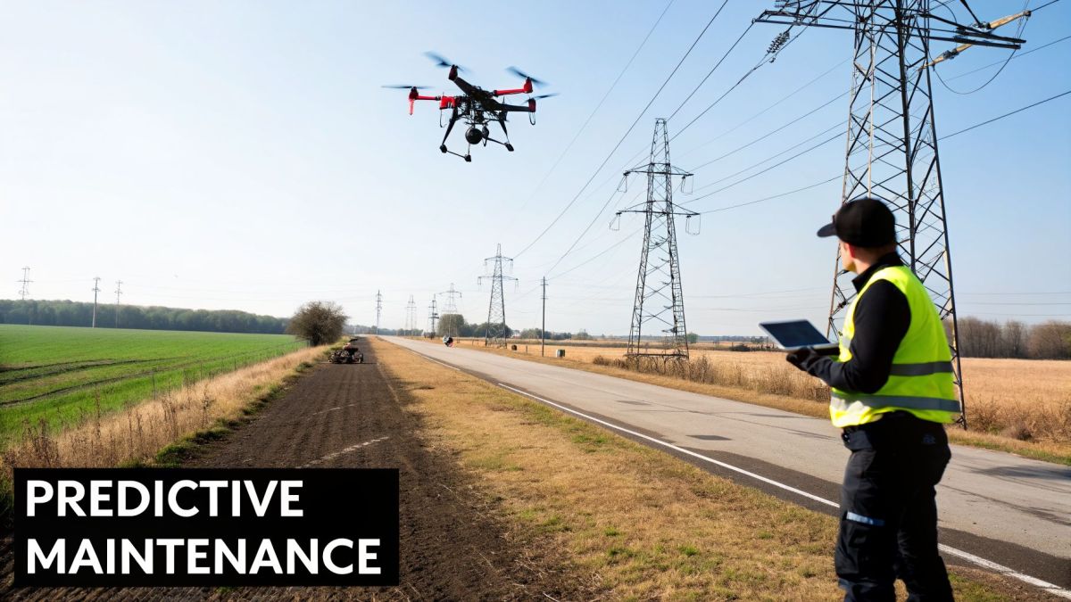 A worker in a high-visibility vest uses a tablet to operate a drone inspecting power lines.