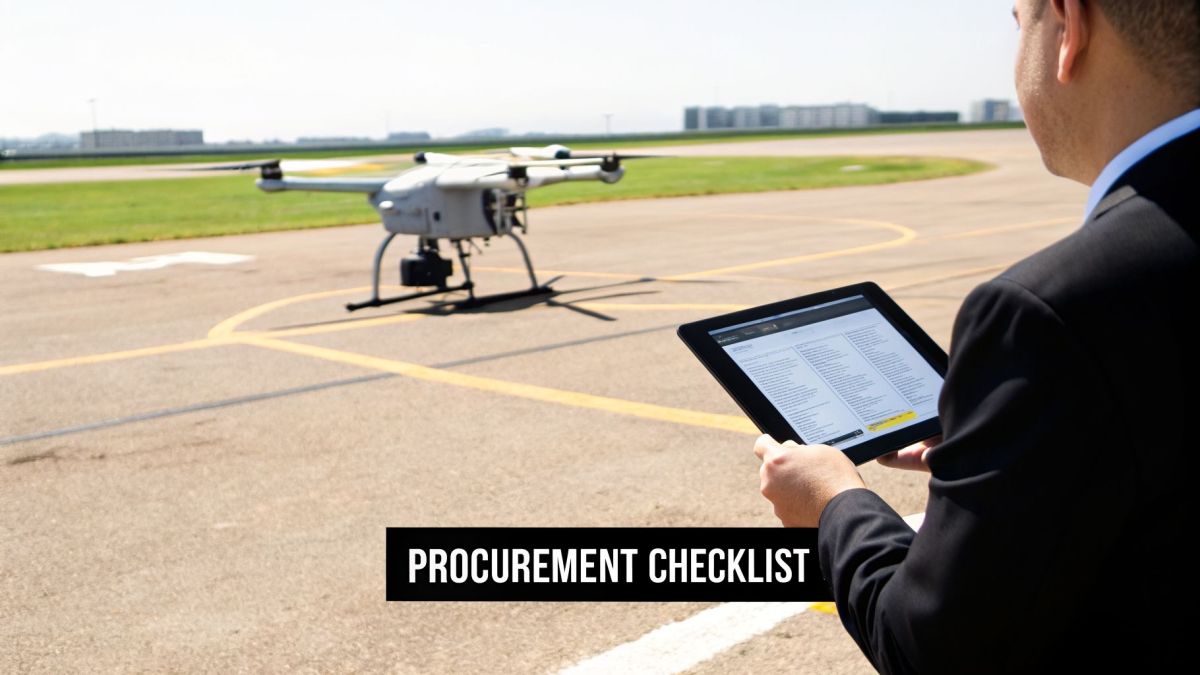 A man in a suit reviews a procurement checklist on a tablet, with a drone waiting on an airfield.