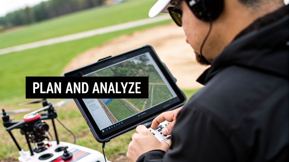 A person uses a tablet and drone controller to plan and analyze agricultural fields.
