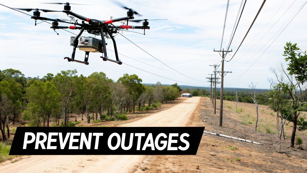 A large drone flies near power lines and a dirt road in a rural landscape, preventing outages.